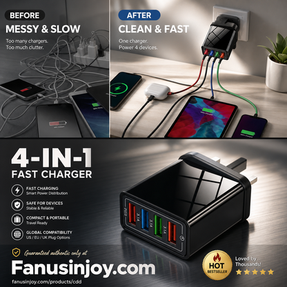 🔥Limited time 50% off！🔋4-in-1 charger for flexible charging！🔌Universal 4-in-1 USB Power Adapter