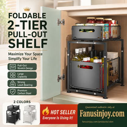 📢📢50% OFF !! ⏰Double-Tier Pull-Out Shelf Cabinet Organiser – 5 Height Adjustments, 2 Pull-Out Tiers, Carbon Steel & Large Capacity – No Assembly Required ✨