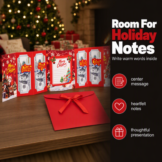 🎄 Festive Cash Gift Card: Multi-Slot Holder, Greeting Message Panel, with Envelope & Ribbon